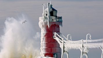 South Haven Michigan Lighthouse on Lake Michigan during winter with crashing wave and sea gull